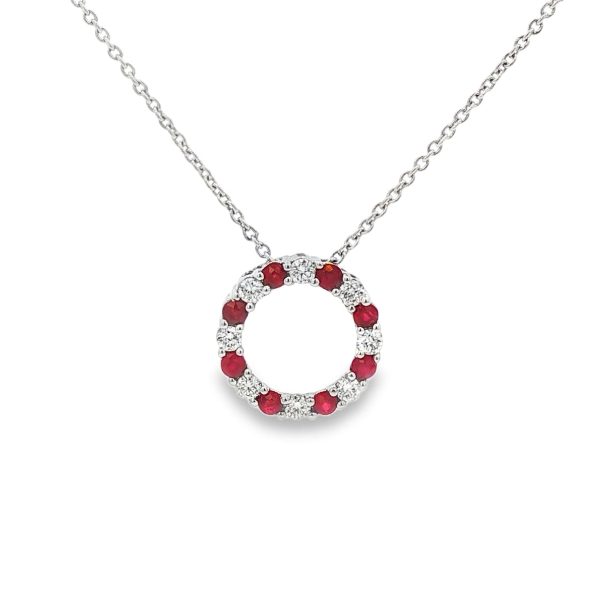 Ruby and Diamond Circle14mm, 18ct White Gold Pendant