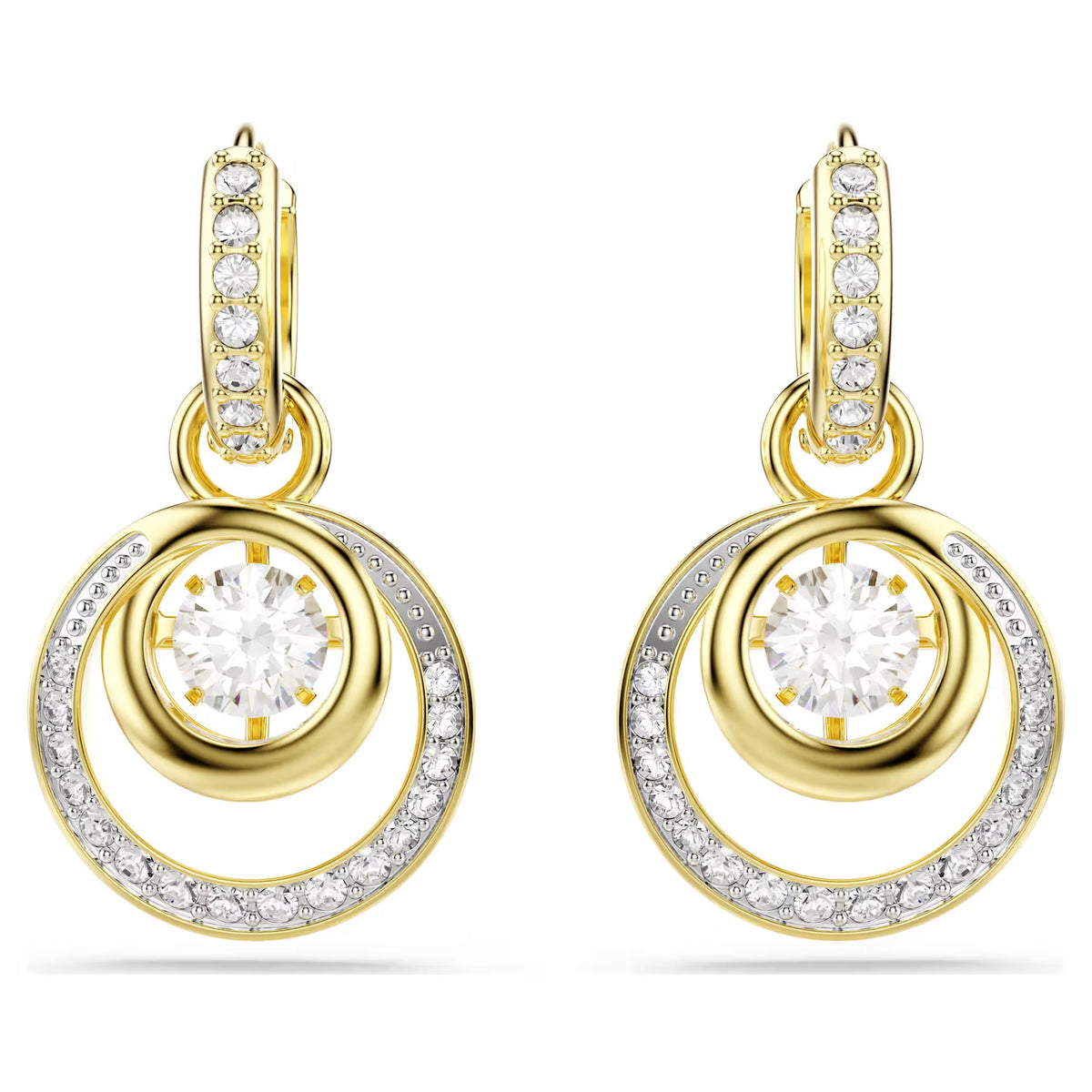 Swarovski Hyperbola drop earrings, Round cut, White, 18k gold finish