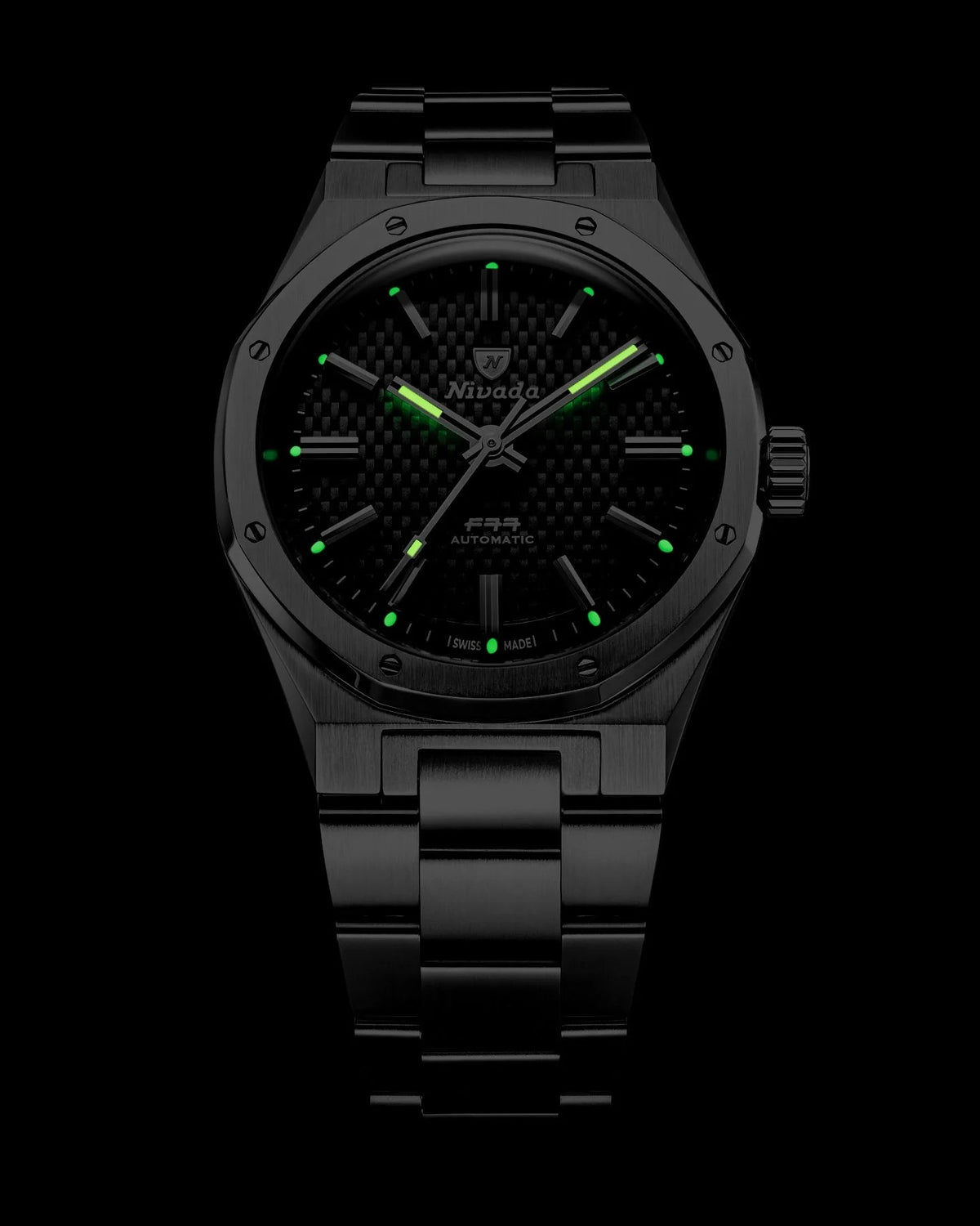 Nivada Grenchen F77 Black MK2 Date Beige Lume 38mm Watch 69010A77