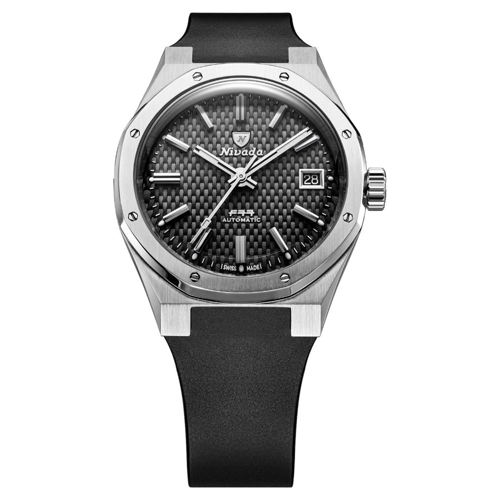 Nivada Grenchen F77 Black MK2 Date Beige Lume 38mm Rubber Strap Watch 69010A77-DR