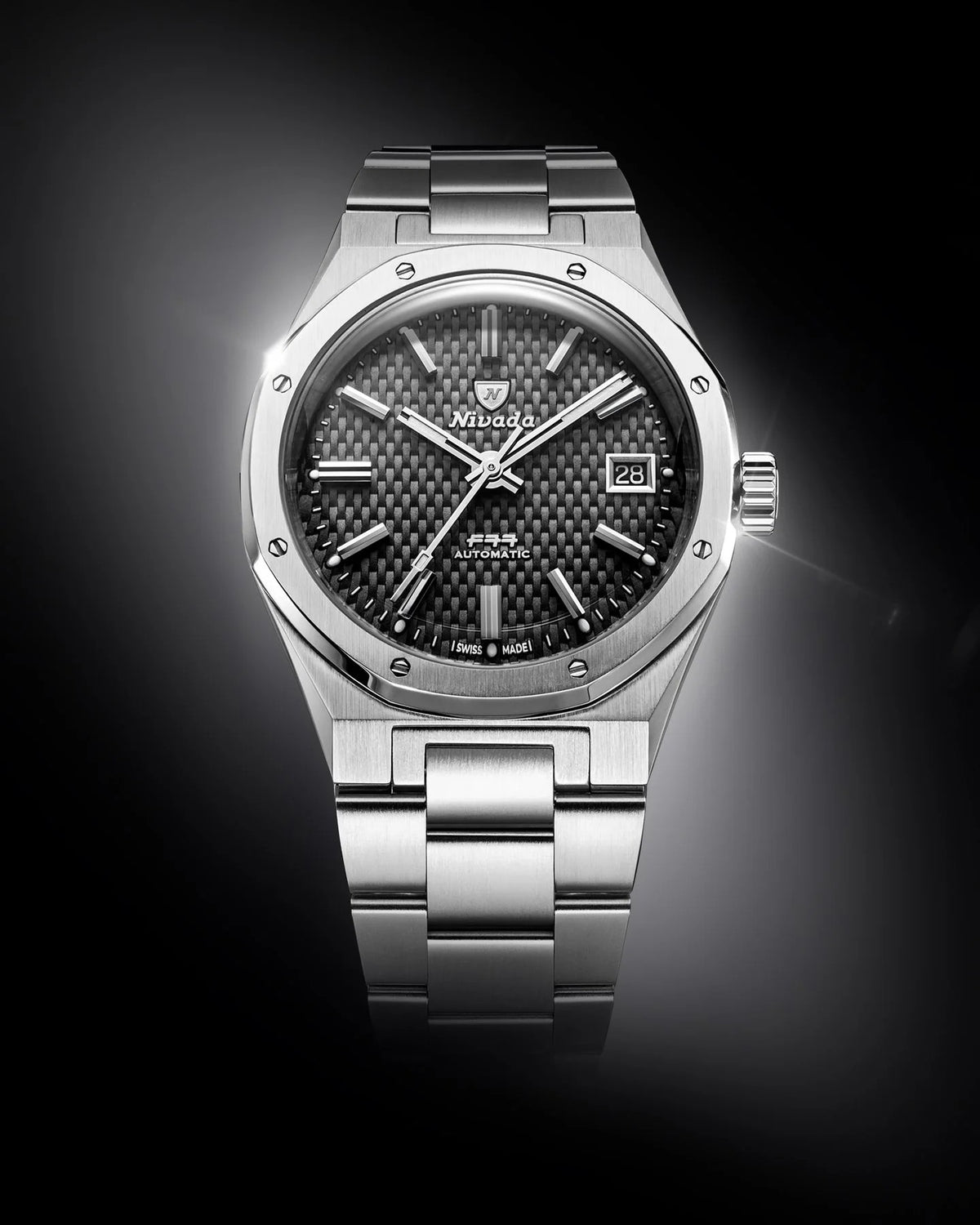 Nivada Grenchen F77 Black MK2 Date White Lume 38mm Watch 69011A77
