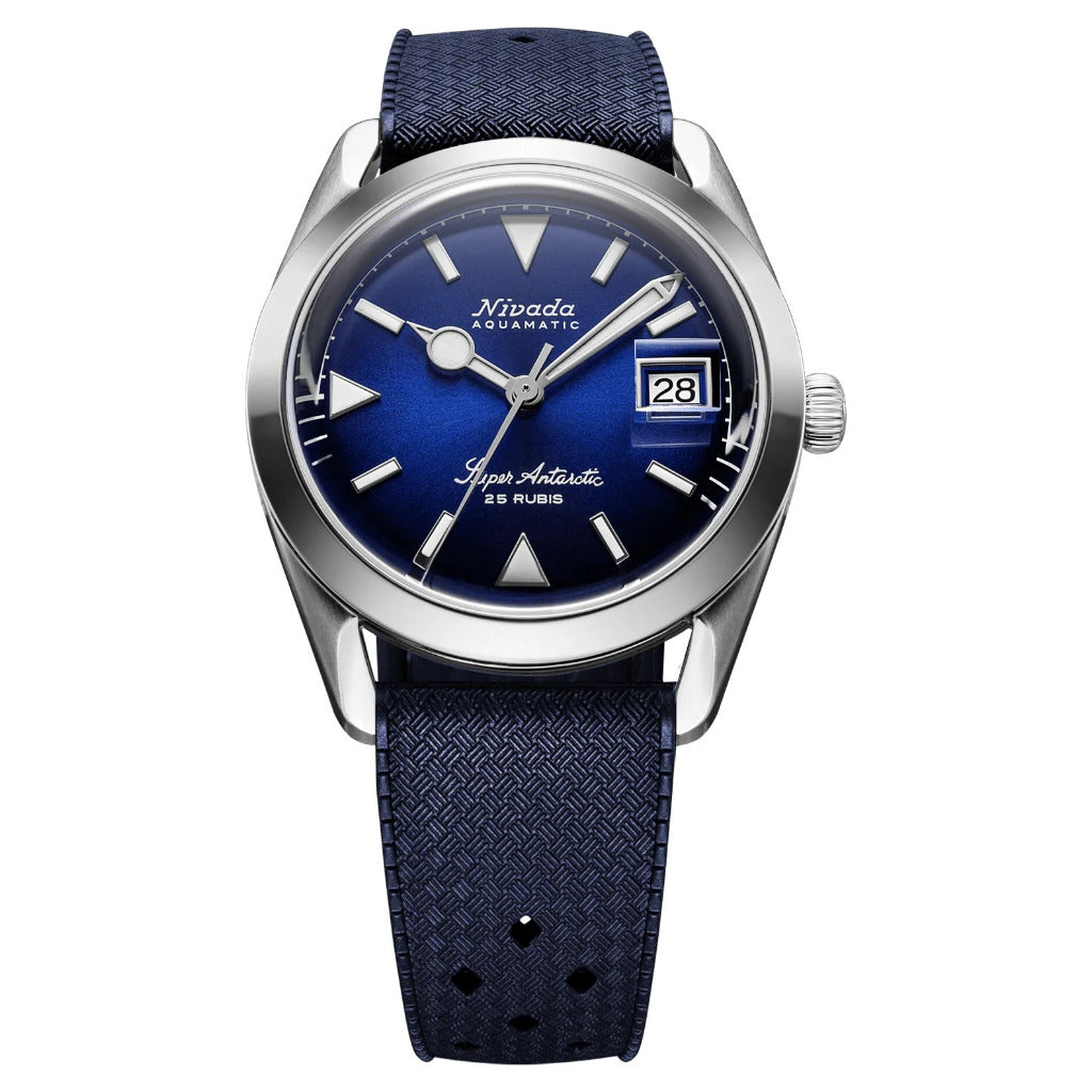 Nivada Grenchen Super Antarctic Blue 38mm Date Blue Rubber Tropic Watch 32076A24