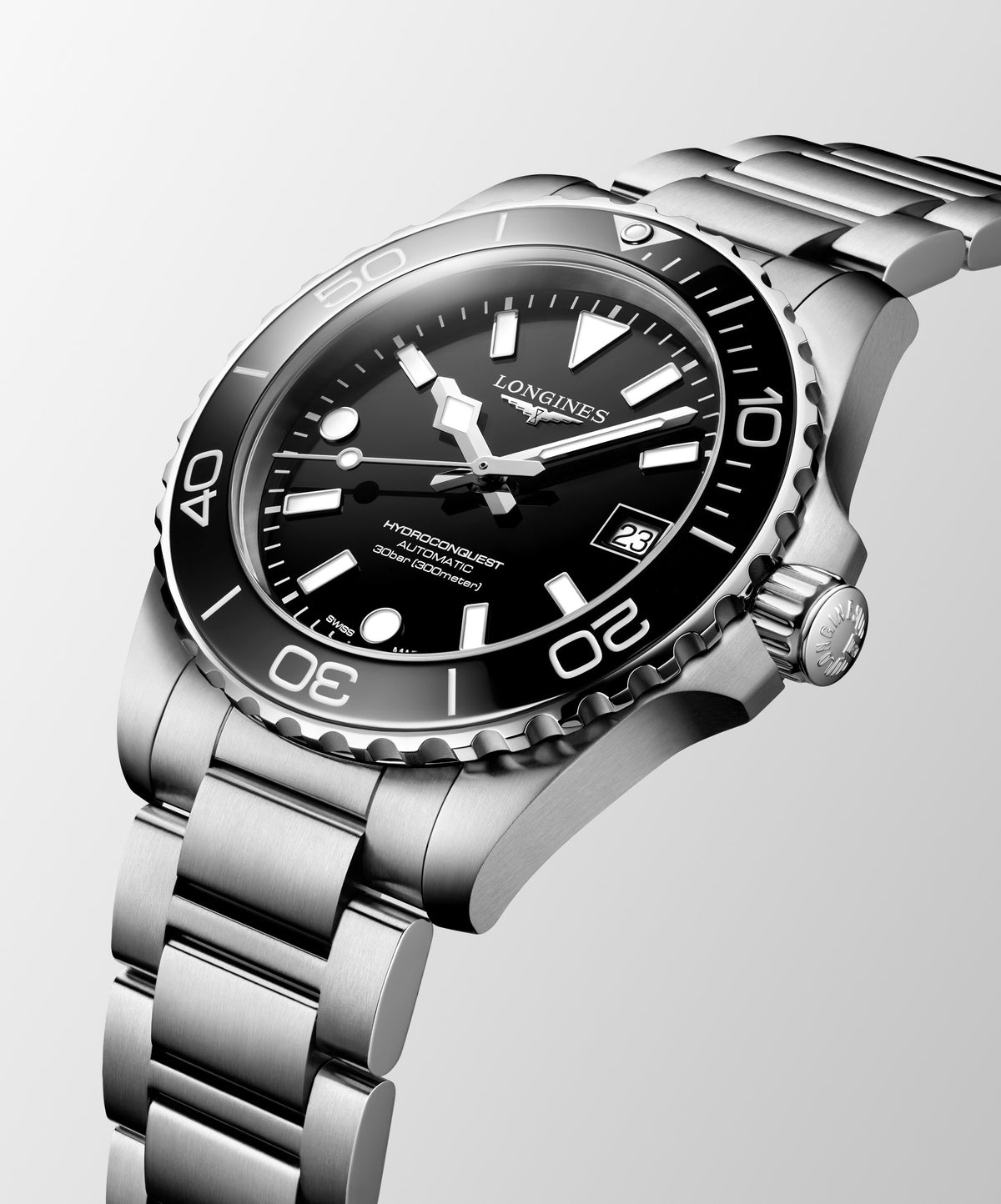 Longines HydroConquest Black 39mm Steel Bracelet Watch L3.779.4.56.6