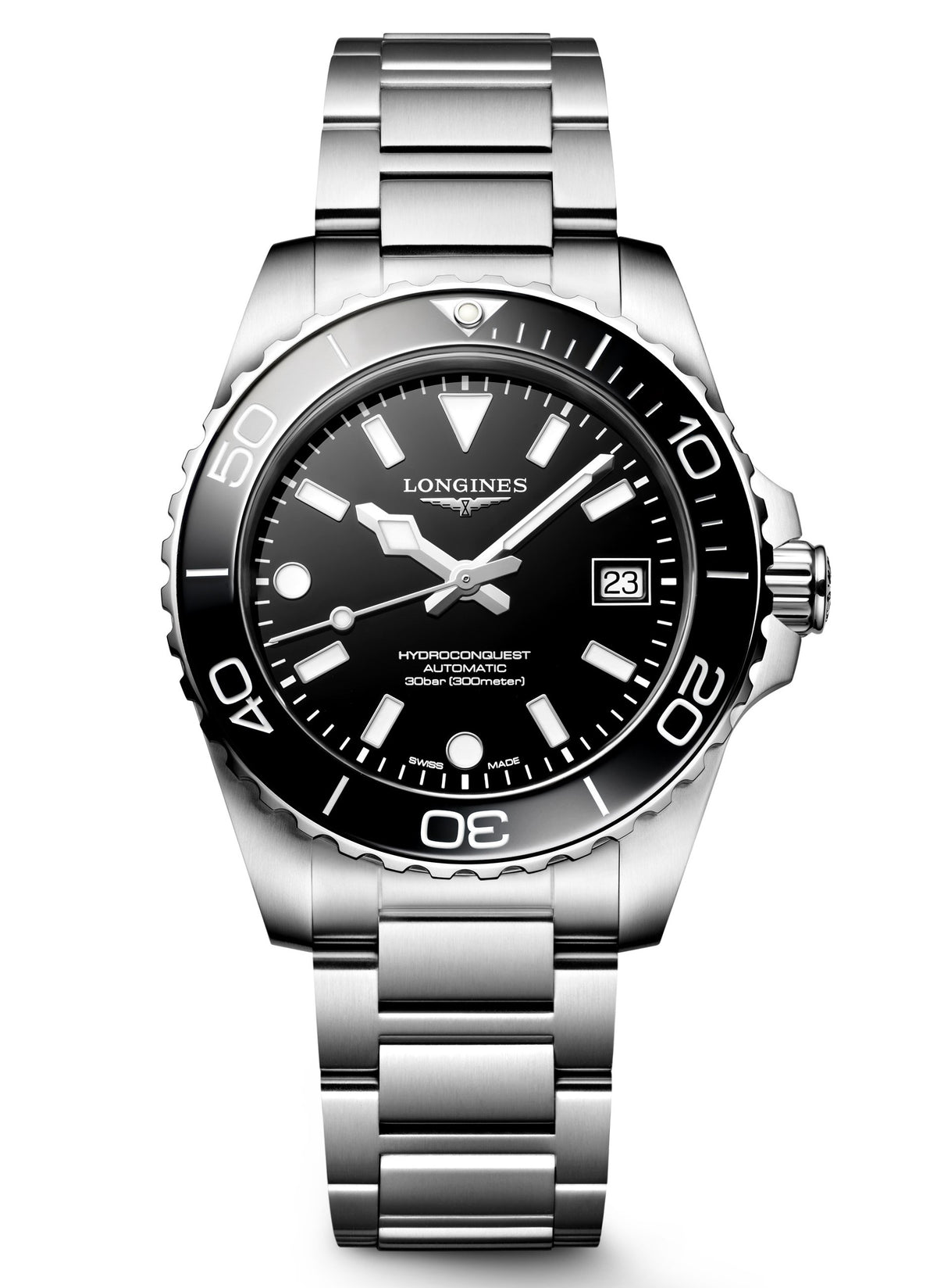 Longines HydroConquest Black 39mm Steel Bracelet Watch L3.779.4.56.6