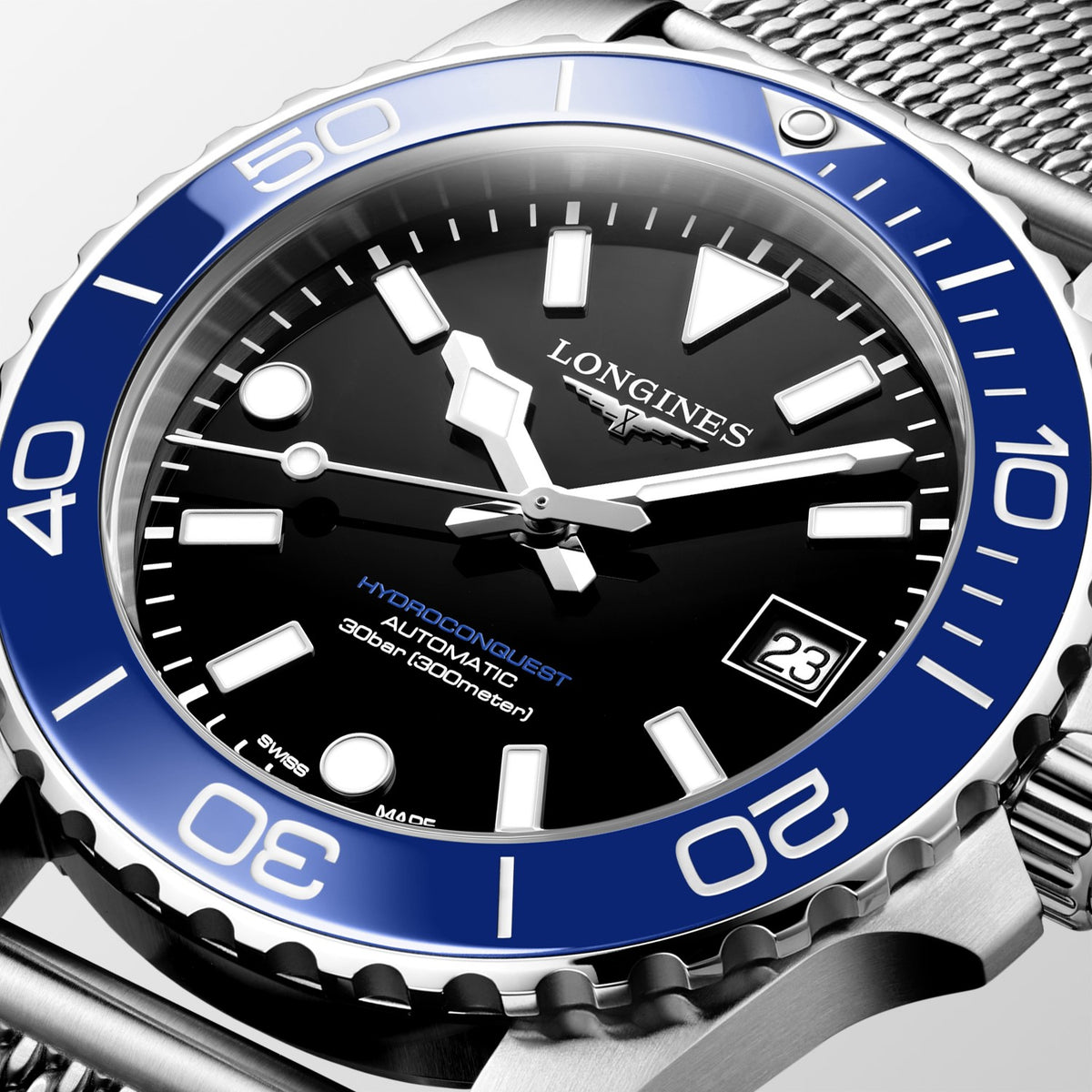 Longines HydroConquest Blue & Black 39mm Steel Mesh Bracelet Watch L3.779.4.90.6