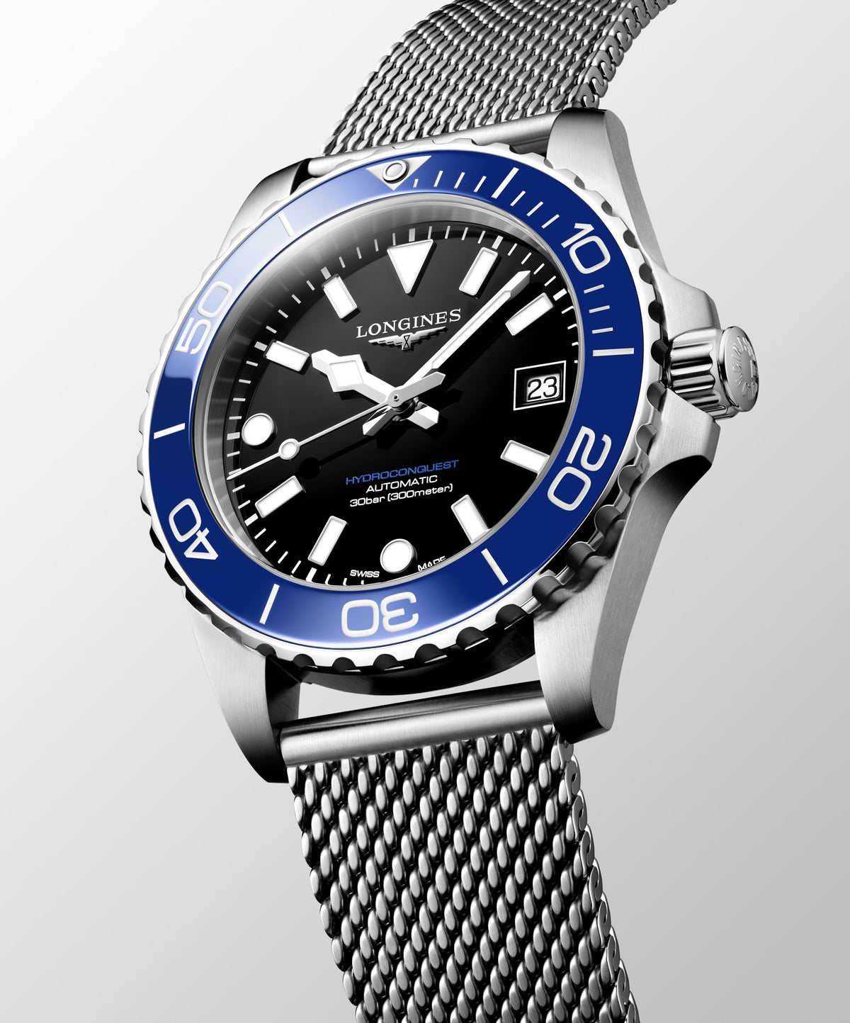 Longines HydroConquest Blue & Black 39mm Steel Mesh Bracelet Watch L3.779.4.90.6