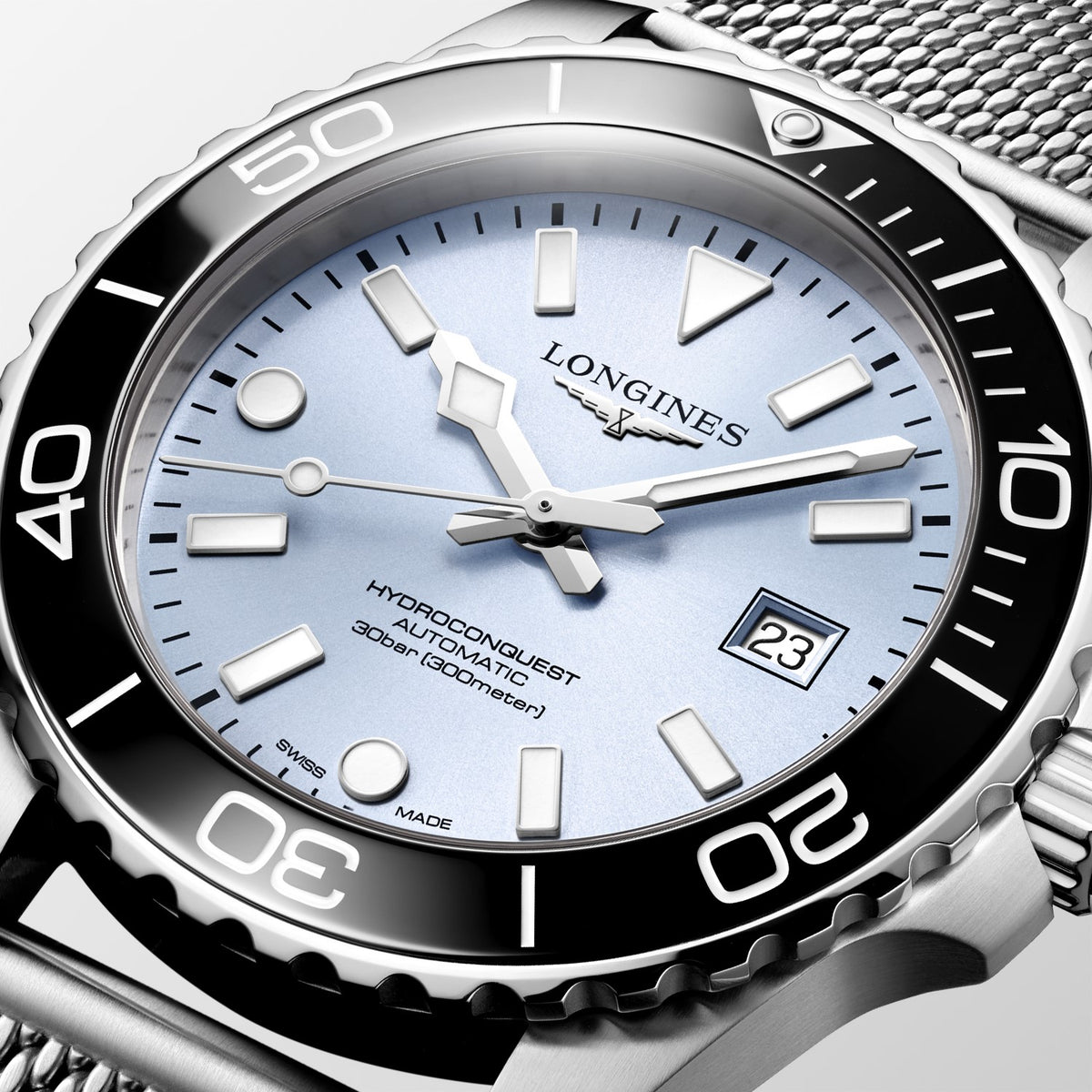 Longines HydroConquest Frosted Blue 42mm Steel Mesh Bracelet Watch L3.788.4.99.6