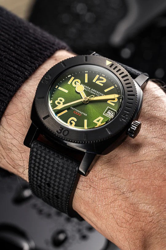 Nivada Grenchen Depthmaster Numerals, Black & Green, Rubber Tropic Strap 39mm Watch 14135A01
