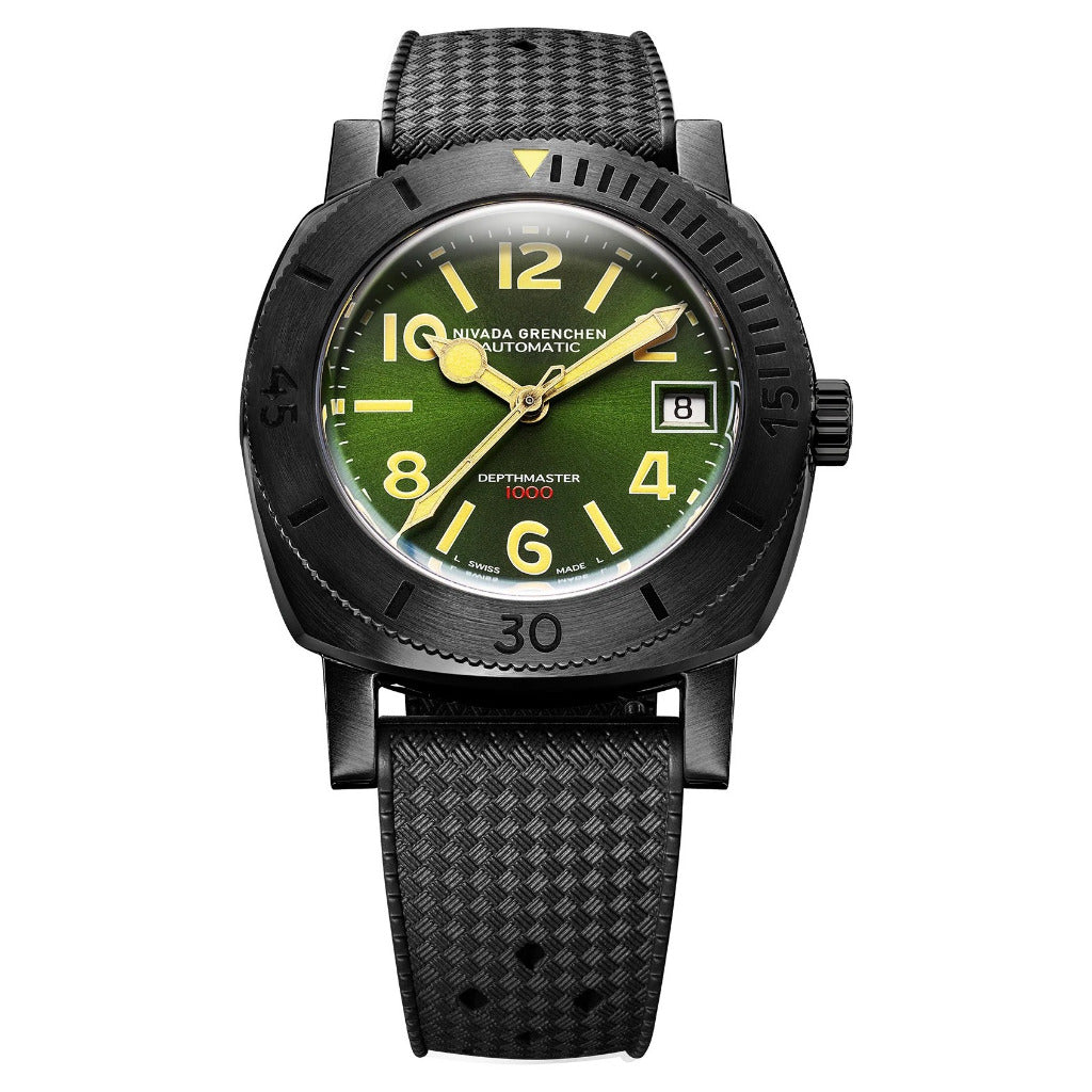 Nivada Grenchen Depthmaster Numerals, Black & Green, Rubber Tropic Strap 39mm Watch 14135A01