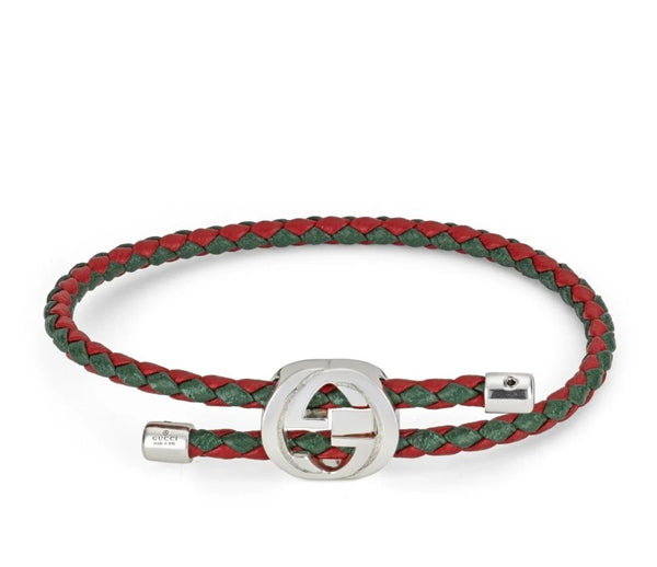 Gucci Interlocking Silver, Green and Red Braided Leather Bracelet