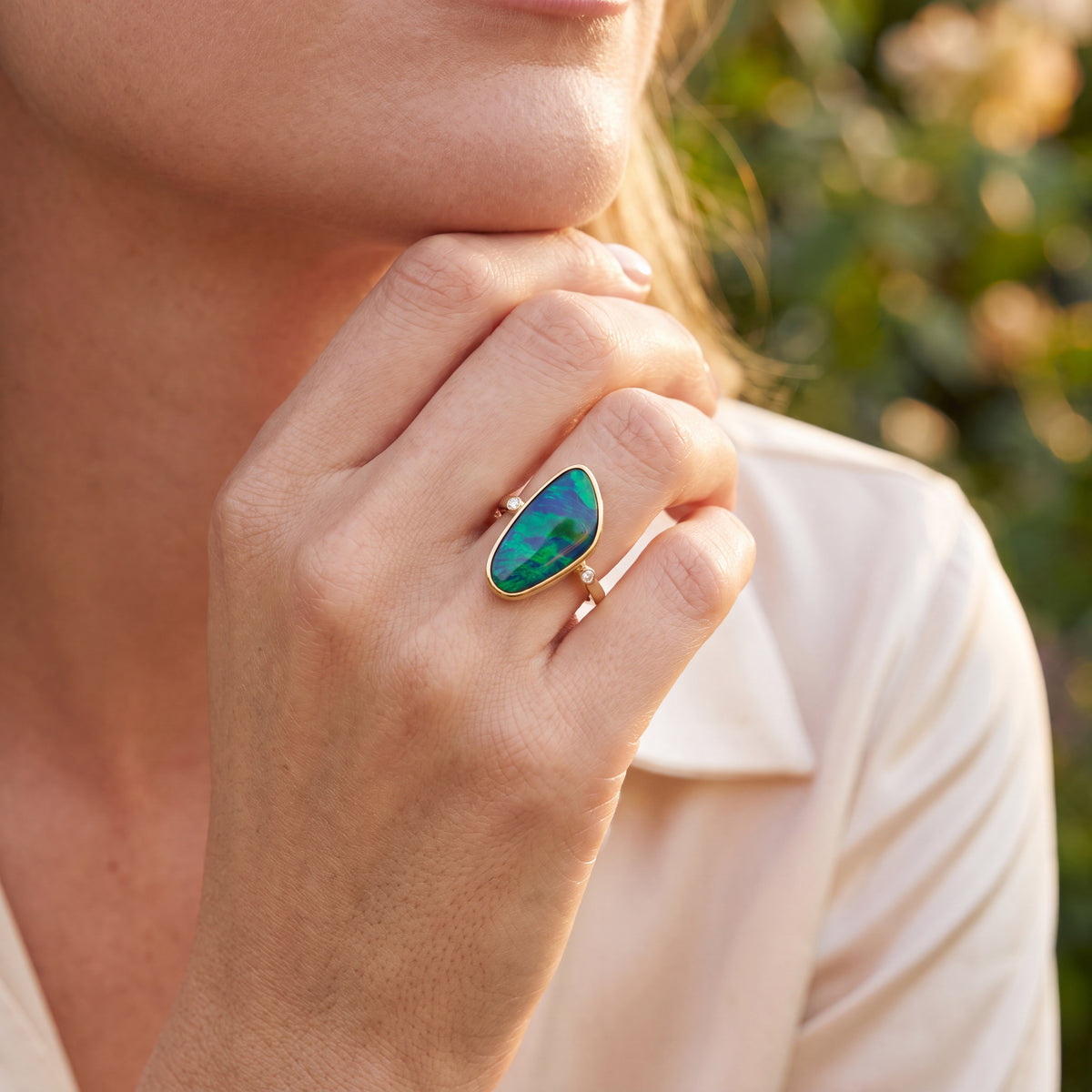 Opal Freeform Doublet and Diamond, 9ct Yellow Gold Ring