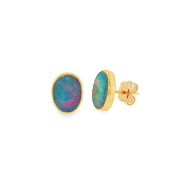 Opal Freeform Doublet, 9ct Yellow Gold Stud Earrings