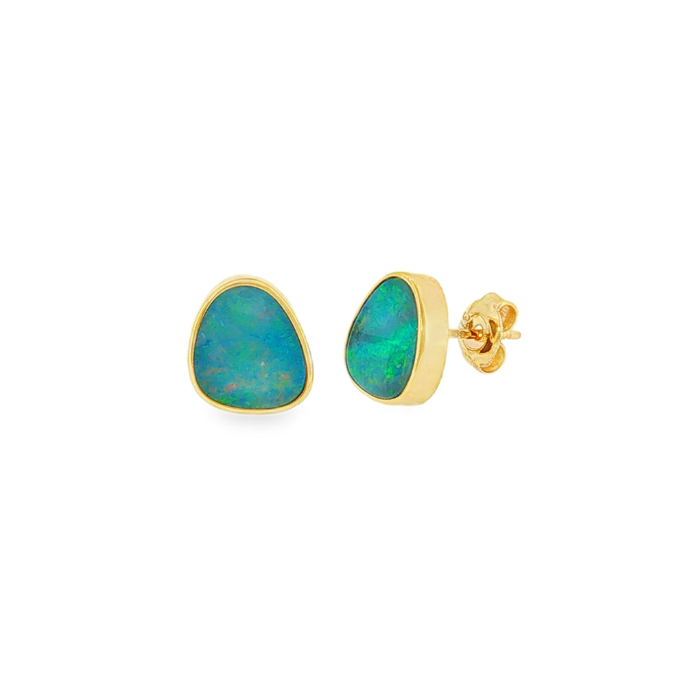 Opal Freeform Doublet, 9ct Yellow Gold Stud Earrings