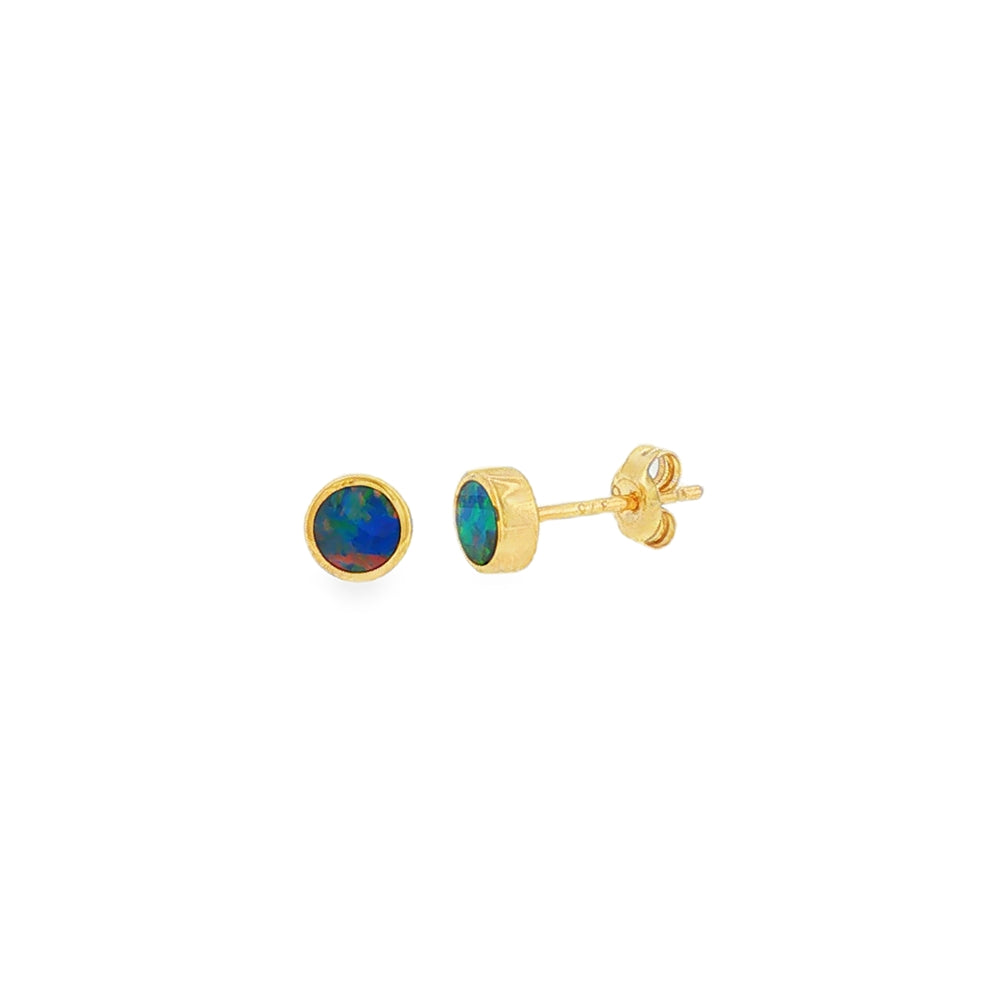 Opal Round Doublet 4mm, 9ct Yellow Gold Stud Earrings
