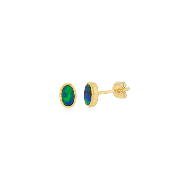 Opal Oval Doublet 5x3mm, 9ct Yellow Gold Stud Earrings