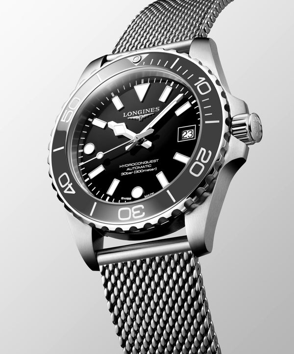 Longines HydroConquest Grey 39mm Steel Mesh Bracelet Watch L3.779.4.70.6