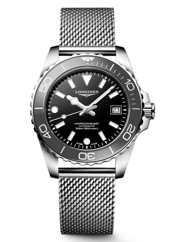 Longines HydroConquest Grey 39mm Steel Mesh Bracelet Watch L3.779.4.70.6