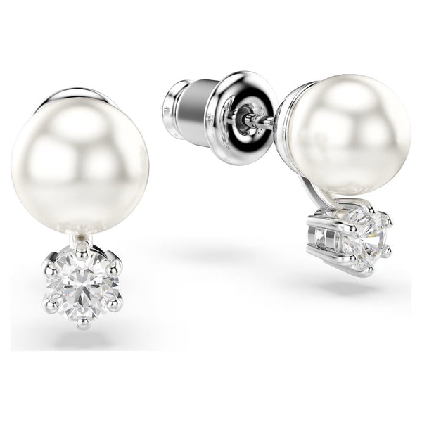 Swarovski Matix Crystal pearl, Round cut, White, Rhodium plated Stud Earrings