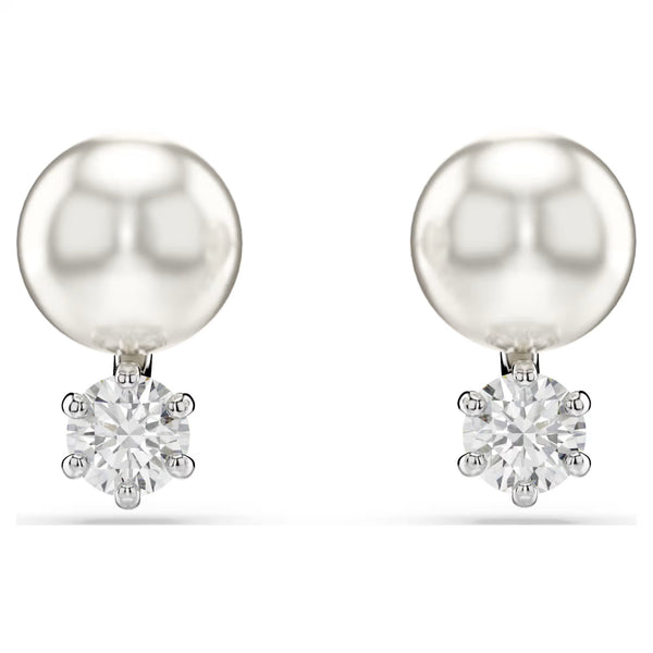 Swarovski Matix Crystal pearl, Round cut, White, Rhodium plated Stud Earrings