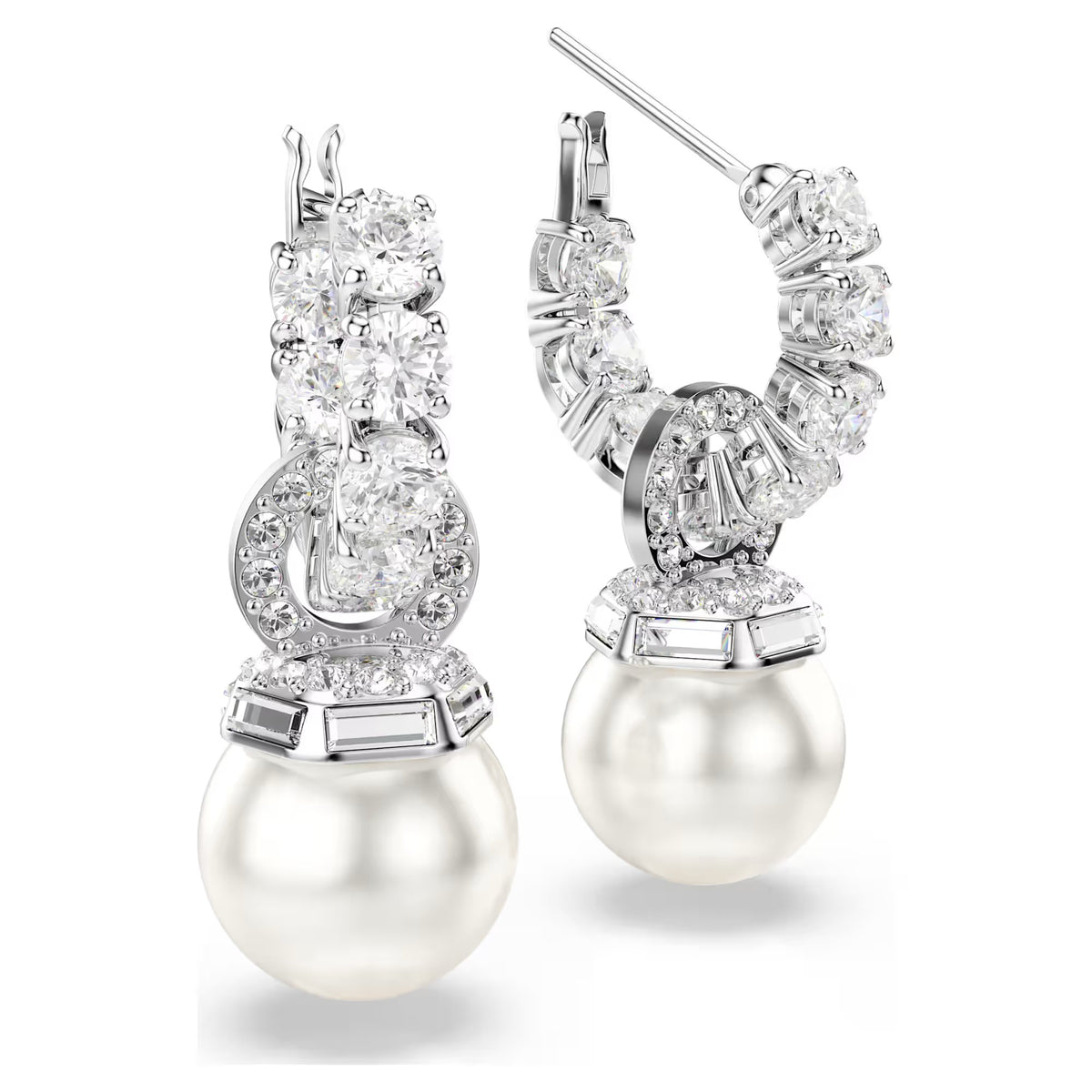 Swarovski Matrix Crystal pearl, Round cut, White, Rhodium plated Drop Earrings