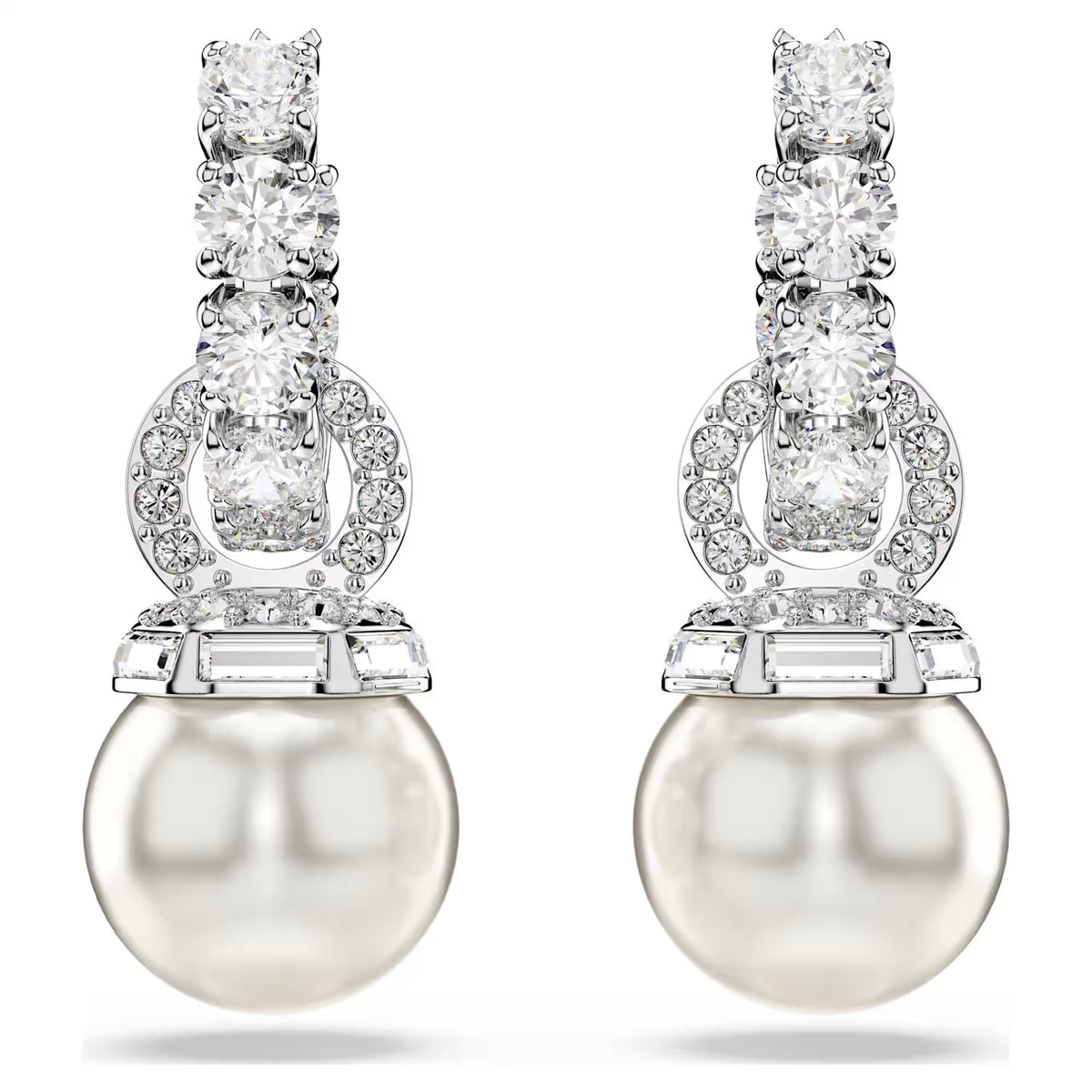 Swarovski Matrix Crystal pearl, Round cut, White, Rhodium plated Drop Earrings