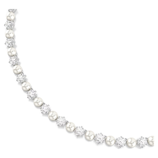 Swarovski Matrix Crystal pearl, Round cut, White, Rhodium plated Tennis Necklace