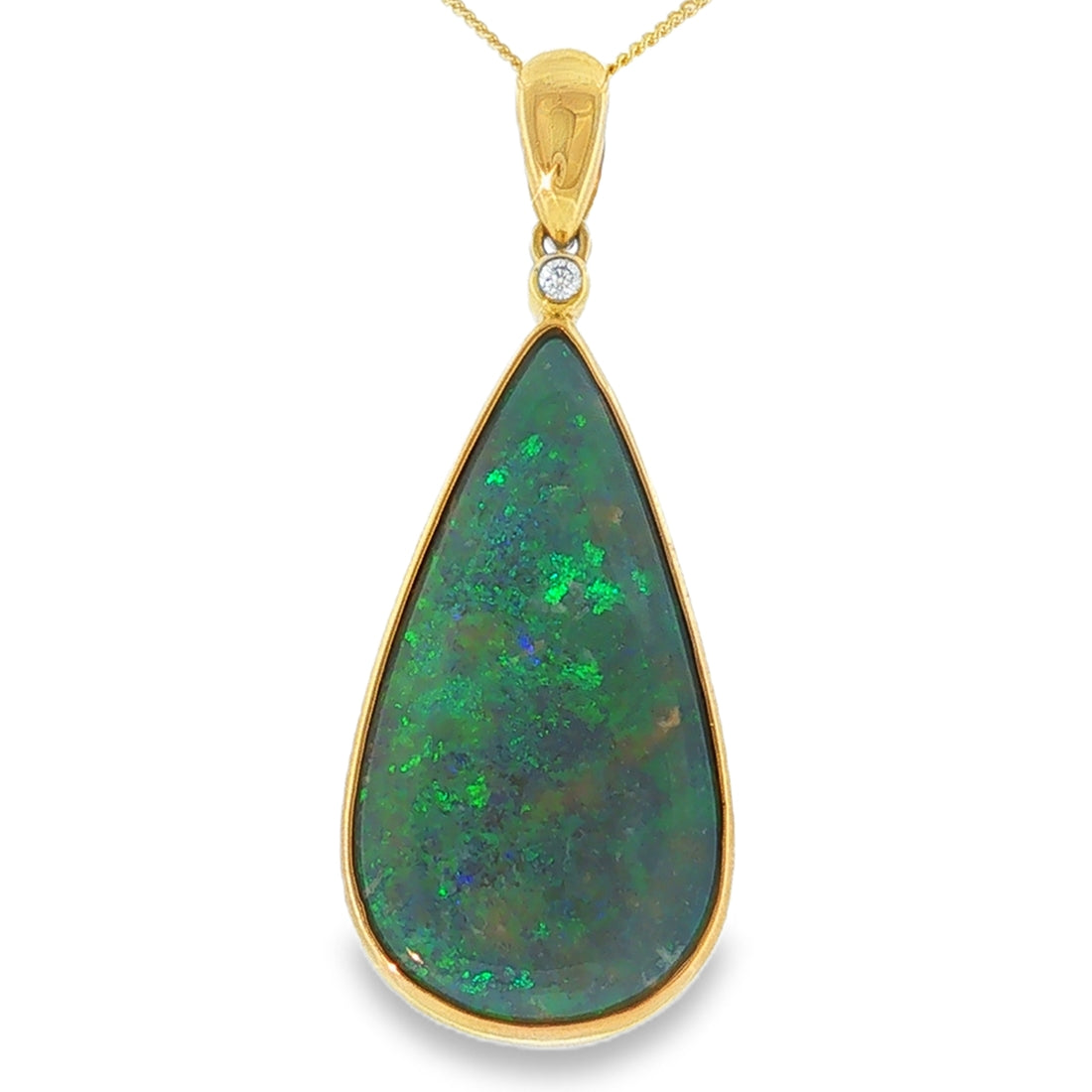 Solid Pear Shaped Opal and Diamond, 9ct Yellow Gold Pendant