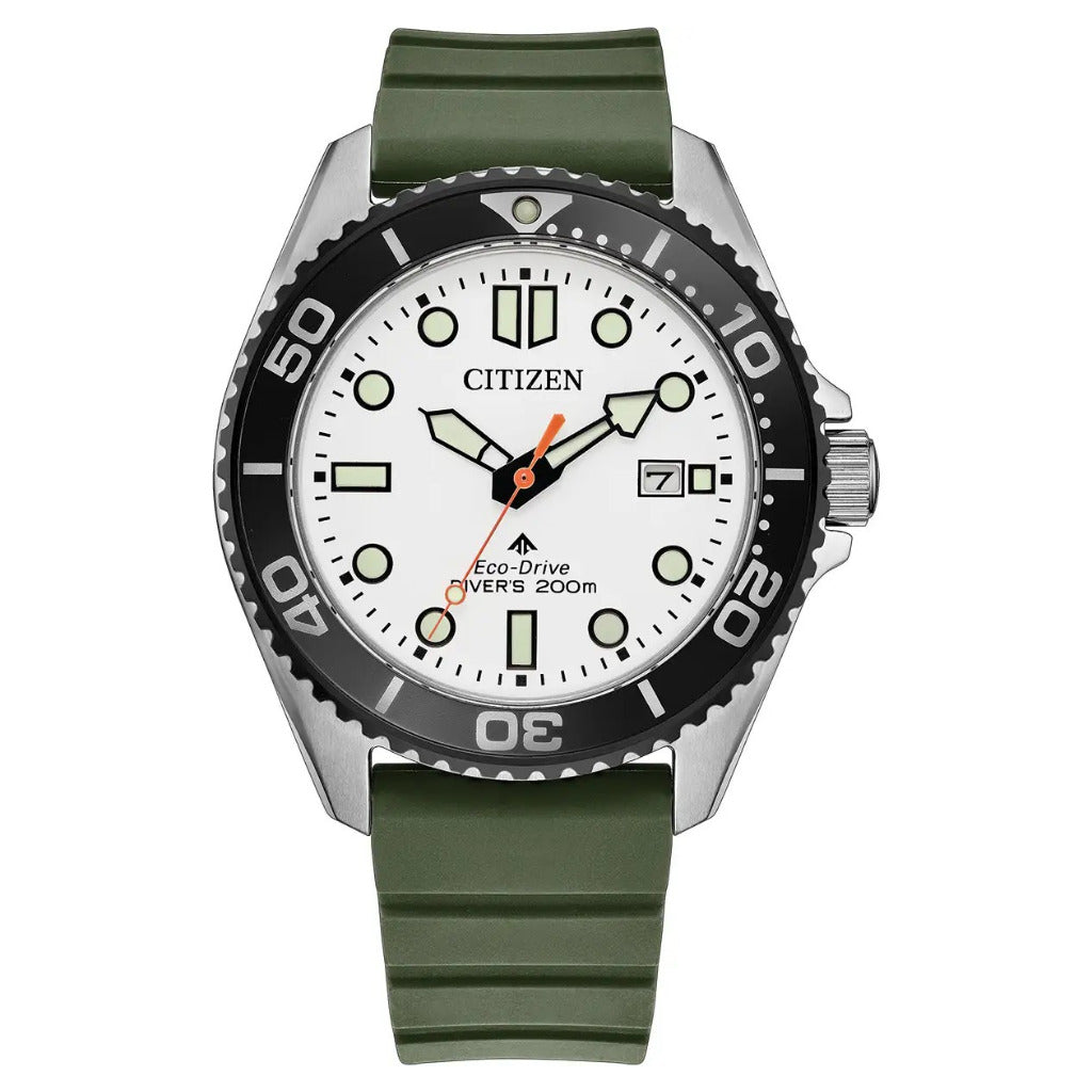 Citizen Eco-Drive Promaster Diver White 41mm Green Strap Watch BN0265-00A