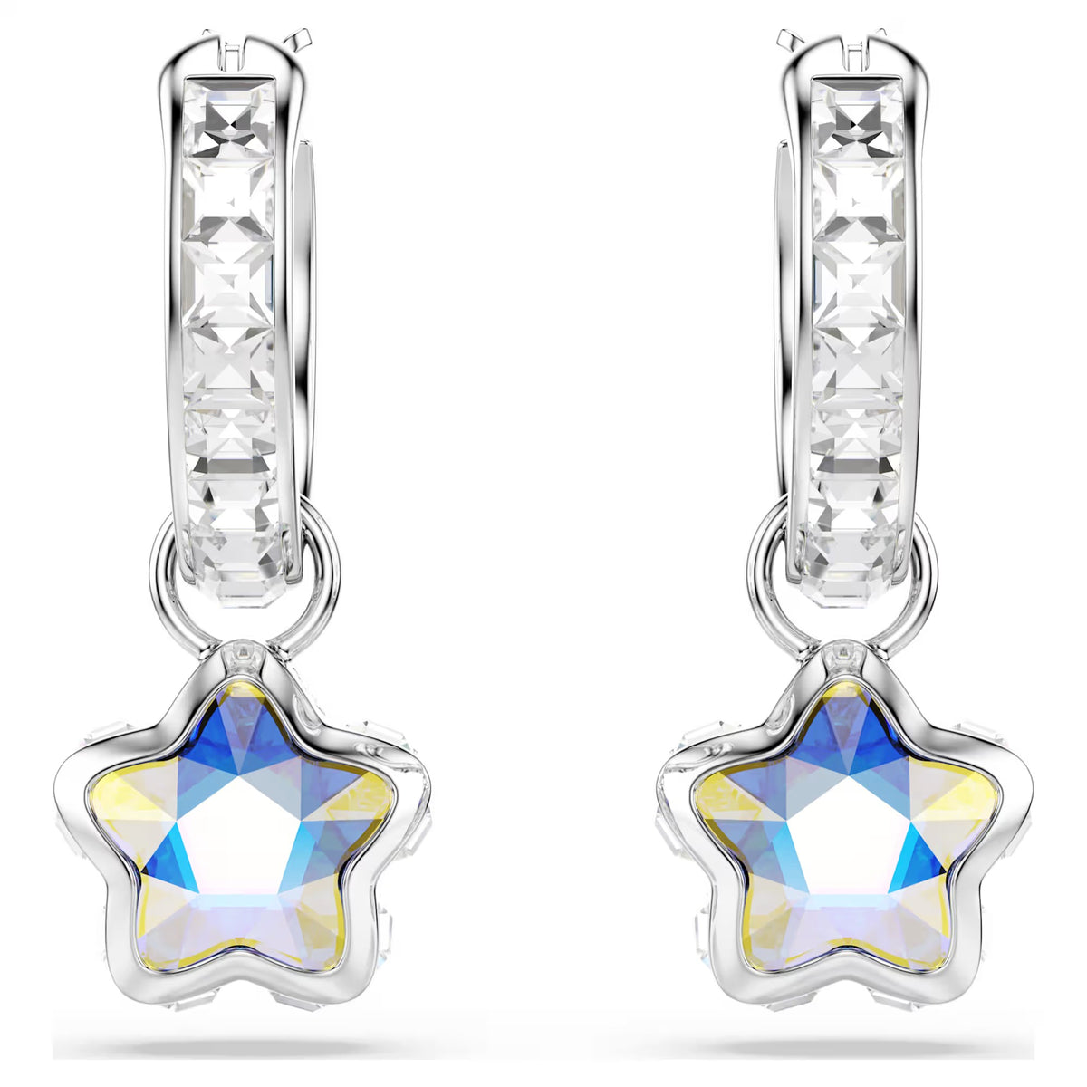 Swarovski Chroma Mixed cuts, Star, White, Rhodium plated Drop Earrings