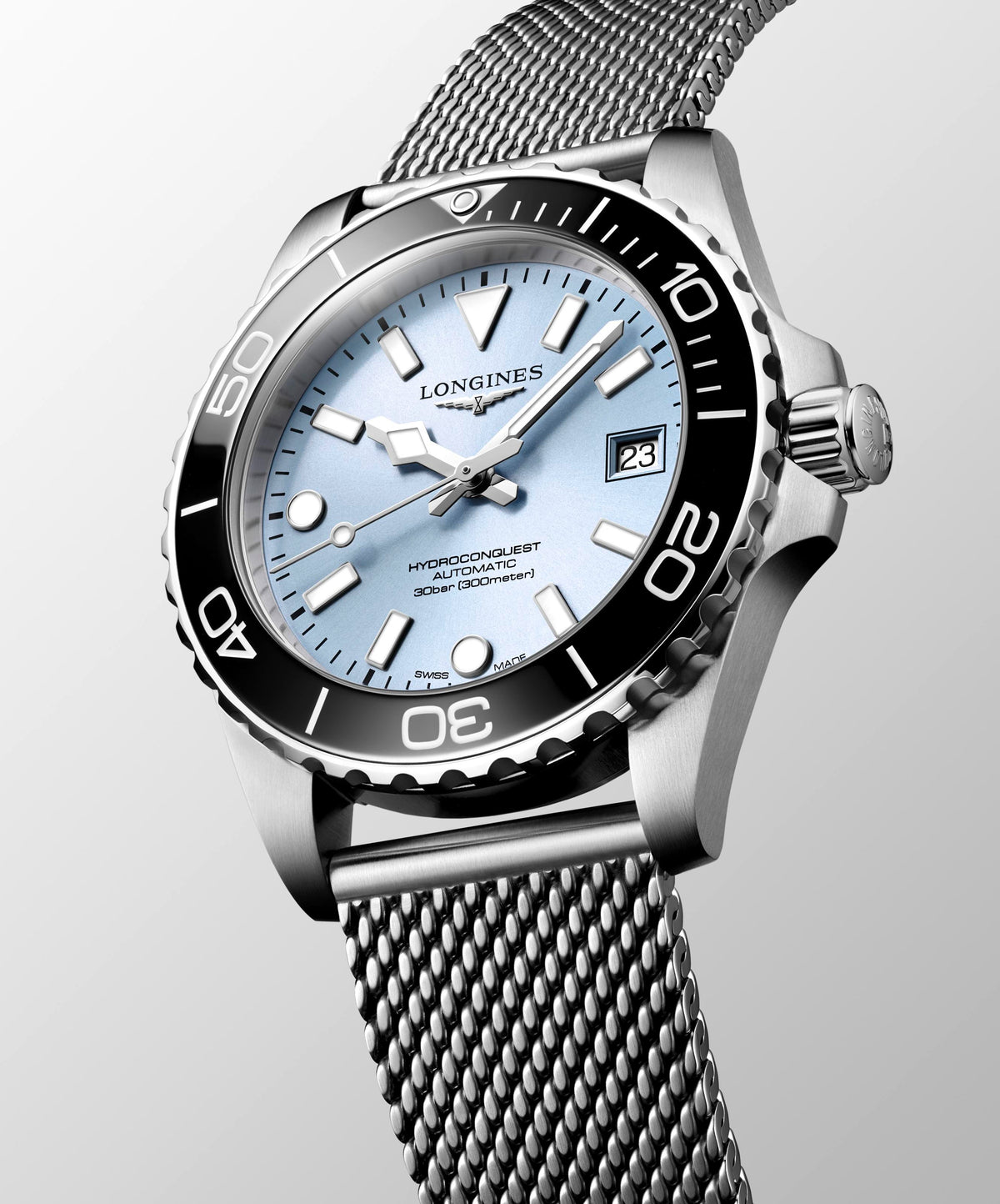 Longines HydroConquest Frosted Blue 39mm Steel Mesh Bracelet Watch L3.779.4.99.6