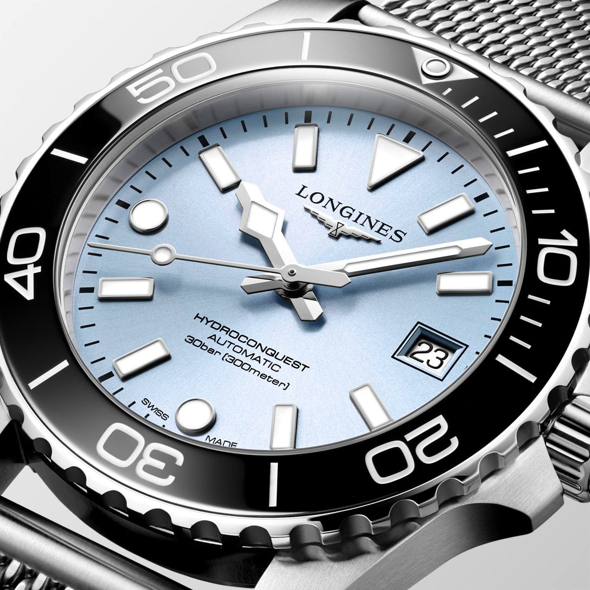 Longines HydroConquest Frosted Blue 39mm Steel Mesh Bracelet Watch L3.779.4.99.6
