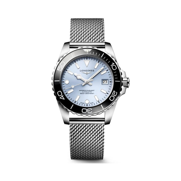 Longines HydroConquest Frosted Blue 39mm Steel Mesh Bracelet Watch L3.779.4.99.6