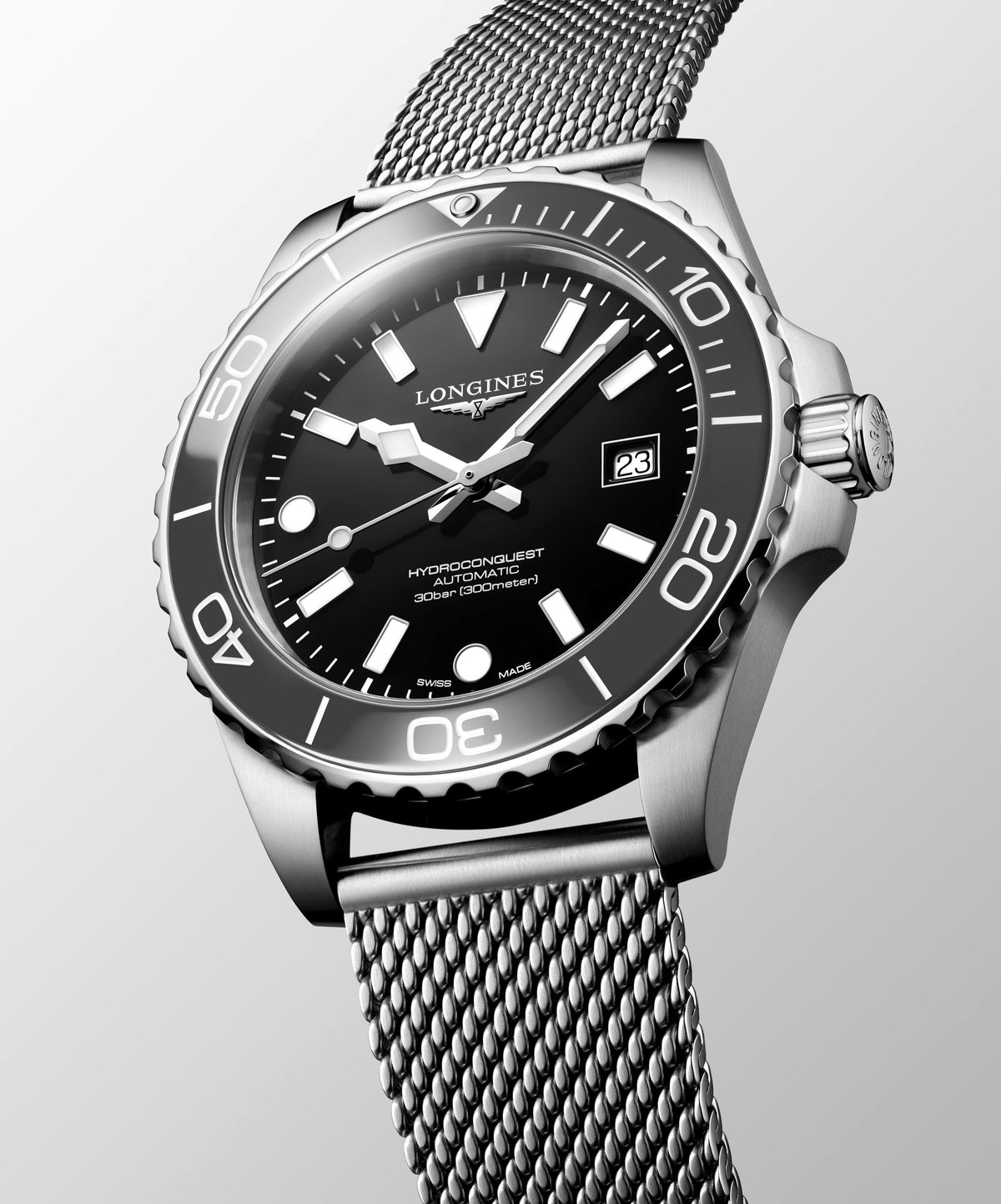 Longines HydroConquest Black 42mm Steel Mesh Bracelet Watch L3.788.4.70.6