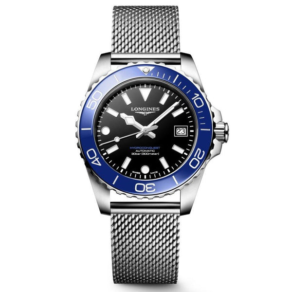 Longines HydroConquest Blue & Black 42mm Steel Mesh Bracelet Watch L3.779.4.90.6