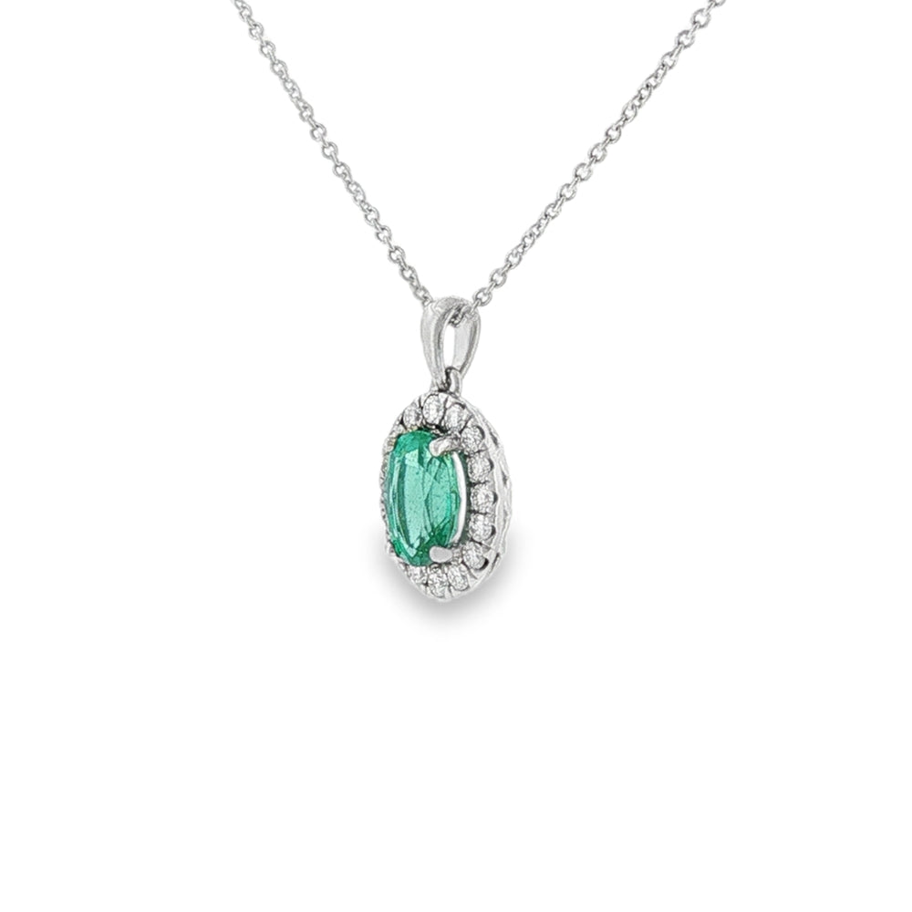 Emerald & Diamond Oval Cut Cluster, 18ct White Gold Pendant