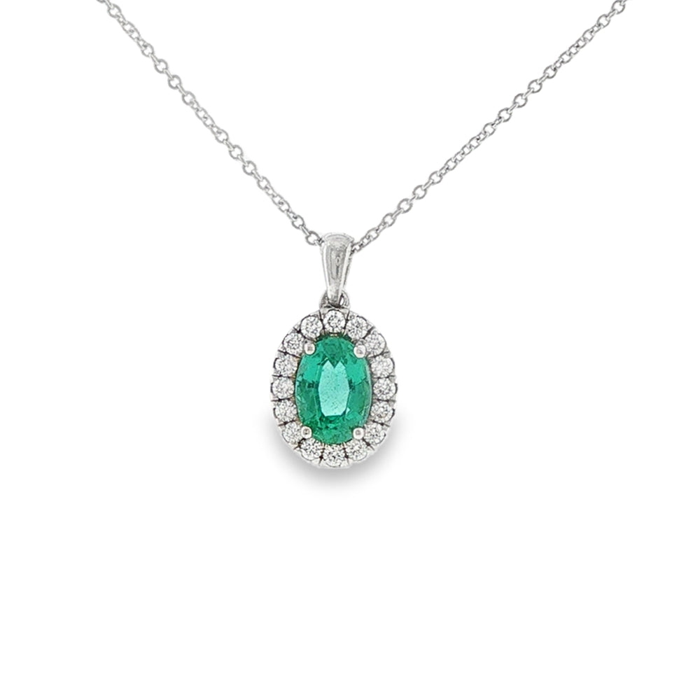 Emerald & Diamond Oval Cut Cluster, 18ct White Gold Pendant