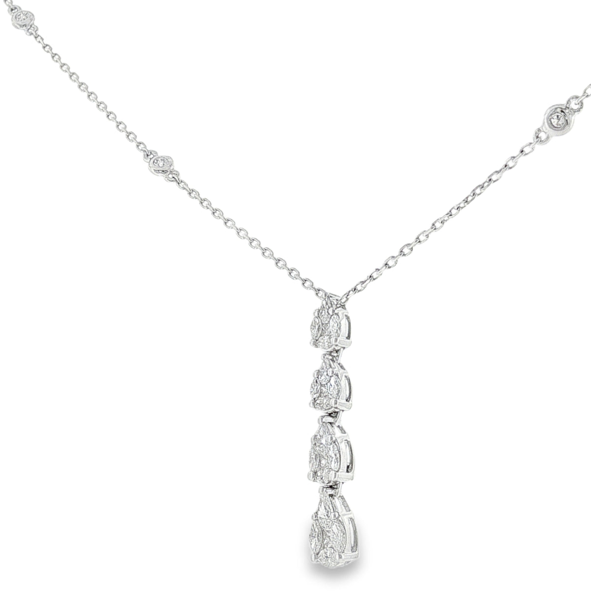 Diamond Pear Shaped Cluster 0.76ct, 18ct White Gold Graduating Drop Pendant