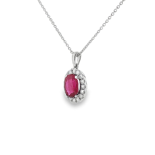 Ruby & Diamond Oval Cut Cluster, 18ct White Gold Pendant