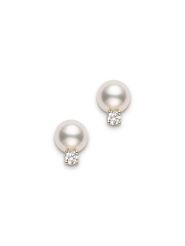 Mikimoto Stud Earrings with Diamond in Yellow Gold