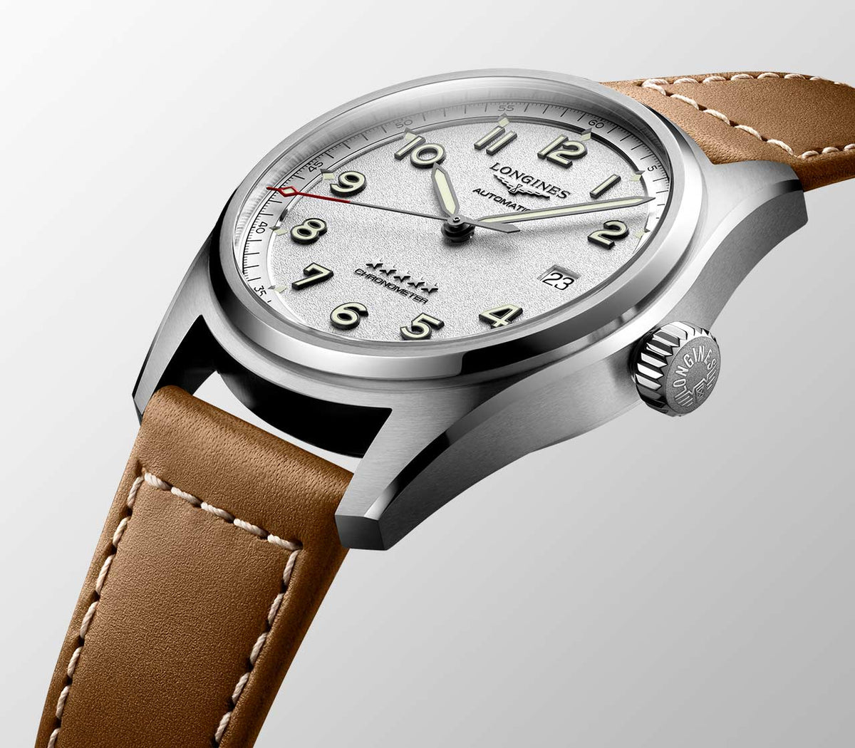 Longines Spirit Automatic Chronometer Silver Dial Brown Strap 40mm