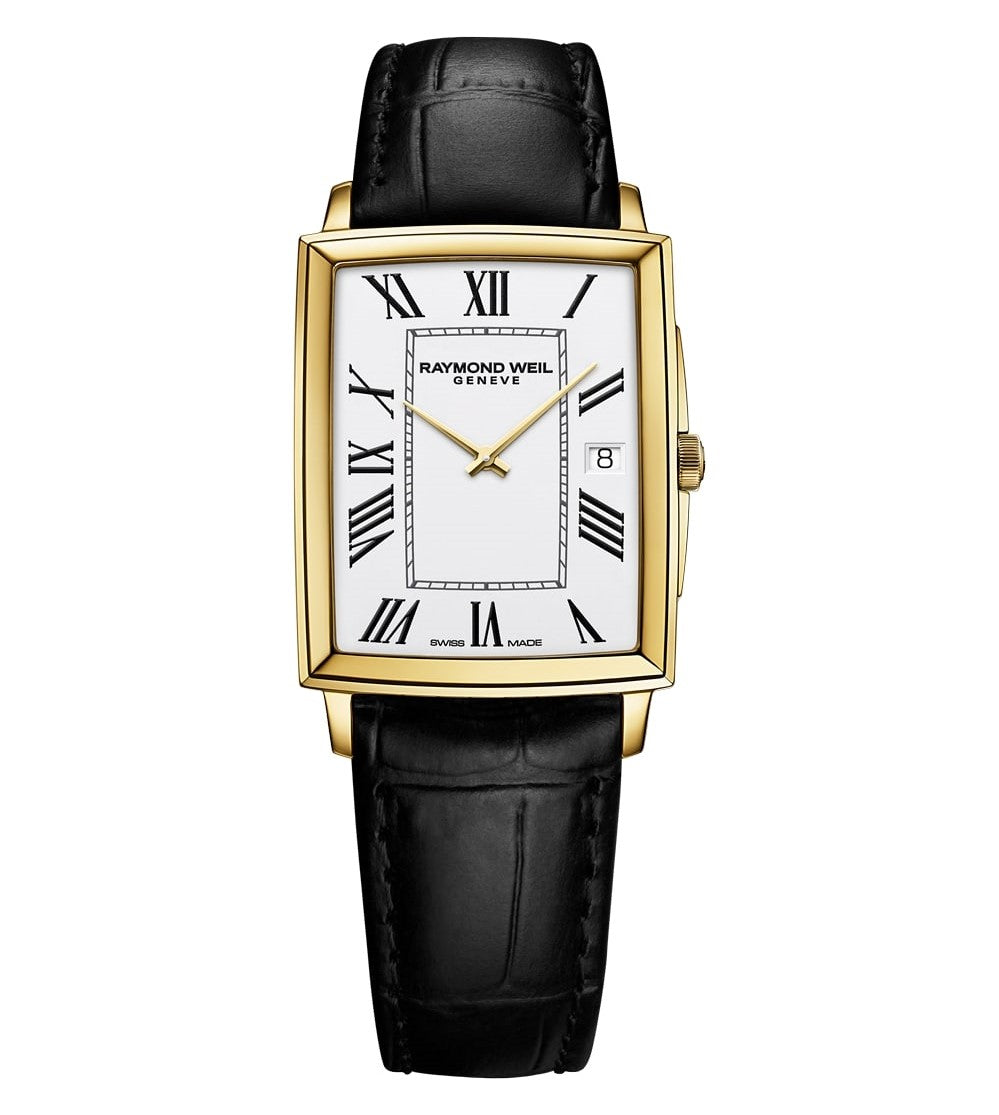Raymond Weil Tocatta Gents Yellow Gold PVD Case, White Dial,Black leather Strap 37mm