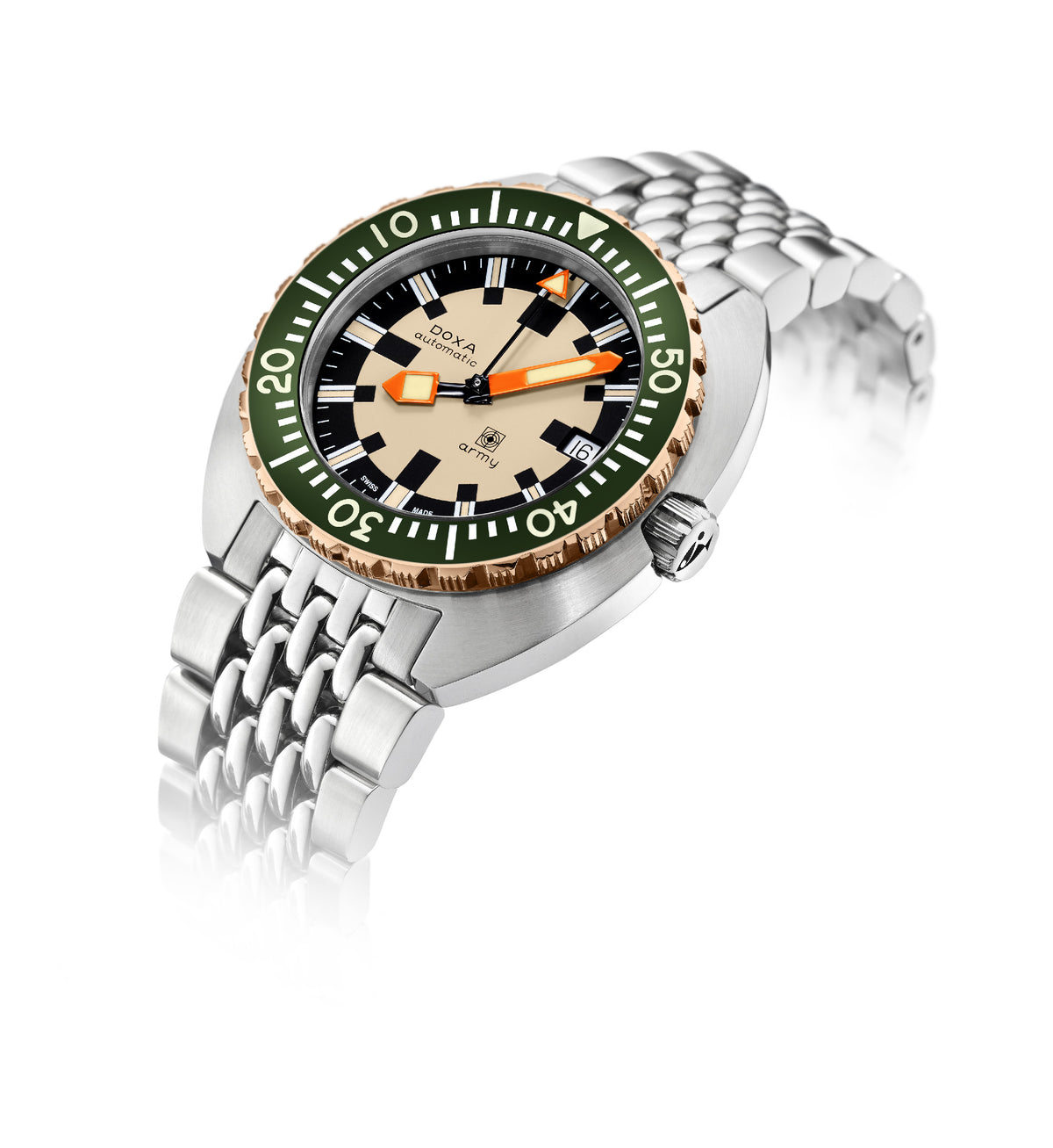 Doxa SUB 300T Army Bronze Bezel with Hunter Green Insert, Stainless Steel Bracelet 785.60.031.10