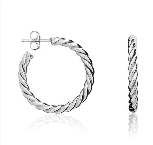 9ct White Gold Twist Peg & Scroll Hoop Earrings 25x3mm