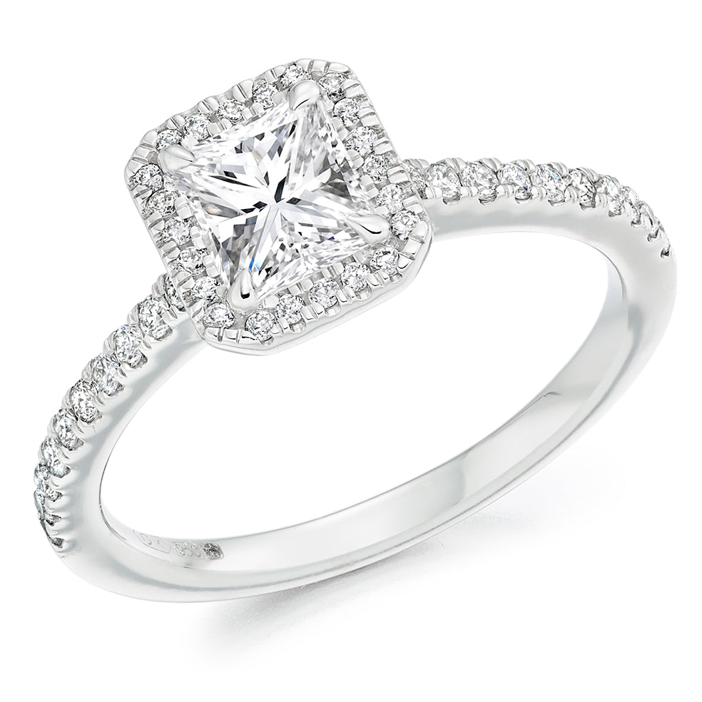 Platinum Radiant Cut 0.70ct Halo with Diamond Shoulders Diamond Ring