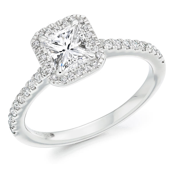 Platinum Radiant Cut 0.70ct Halo with Diamond Shoulders Diamond Ring