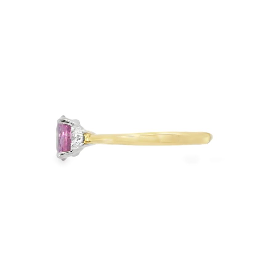 Pink Sapphire & Diamond 3 Stone 18ct Yellow Gold Ring