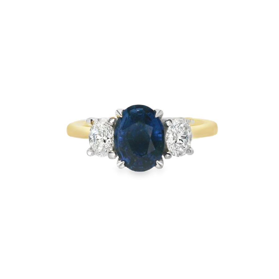 3 Stone Sapphire & Diamond, 18ct Yellow Gold Ring
