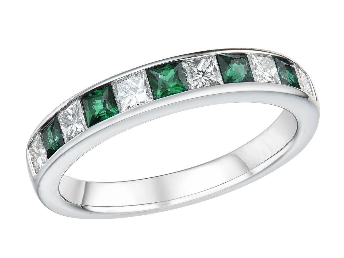 Emerald & Diamond Princess Cut Platinum Eternity Ring