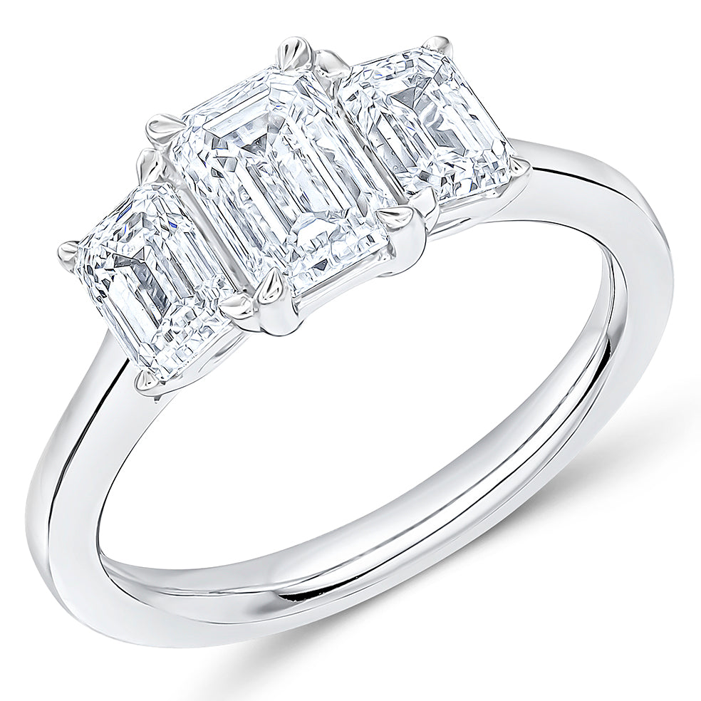 3 Stone Emerald Cut Diamond Trilogy Platinum Ring