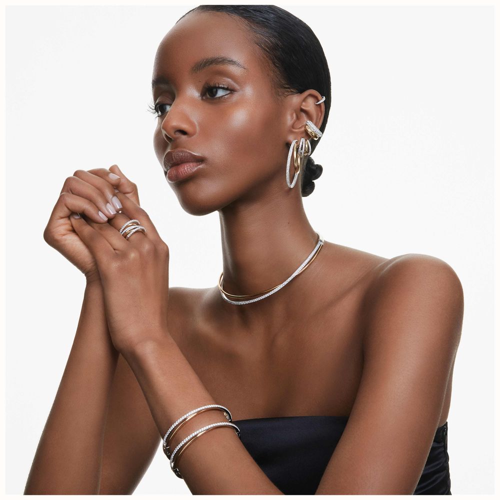 Swarovski Matrix hoop earrings, Round cut, White, Rhodium plated
